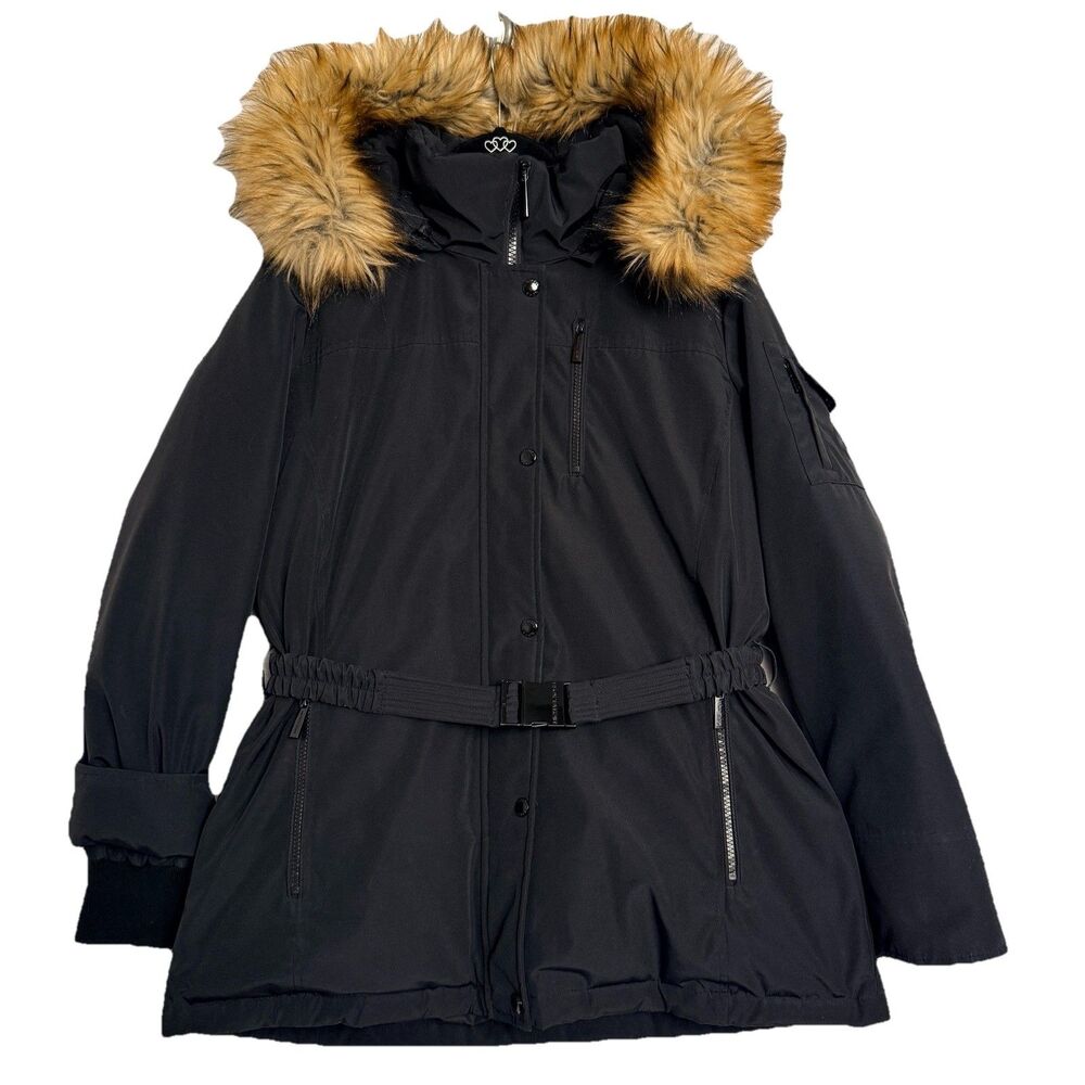 Michael Kors Women's Large Down Puffer Jacket with Faux Fur Hood & Belt Black